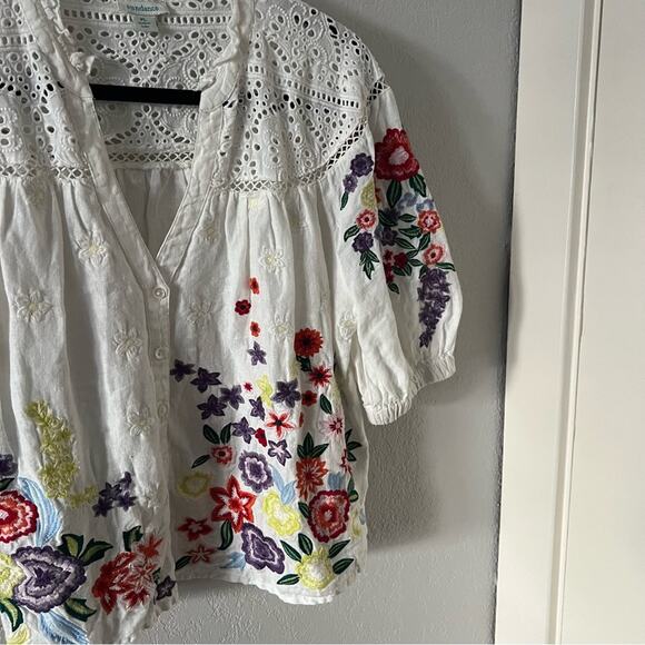 Sundance Floral Embroidered Lace Detail White Linen Blouse - Picture 5 of 7